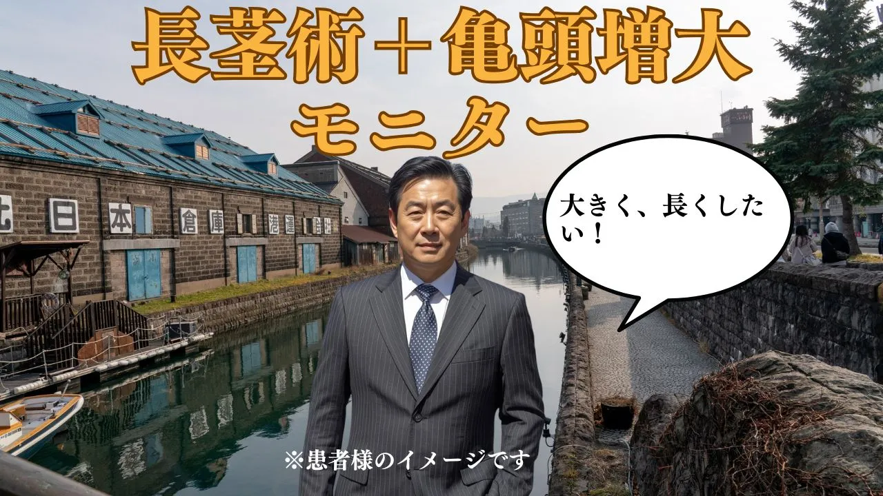 長茎術（3点留め）と亀頭増大（ヒアルロン酸5cc）の併用症例。通常時のペニスの長さを改善し、亀頭を逞しくデザインした形成外科的アプローチ。