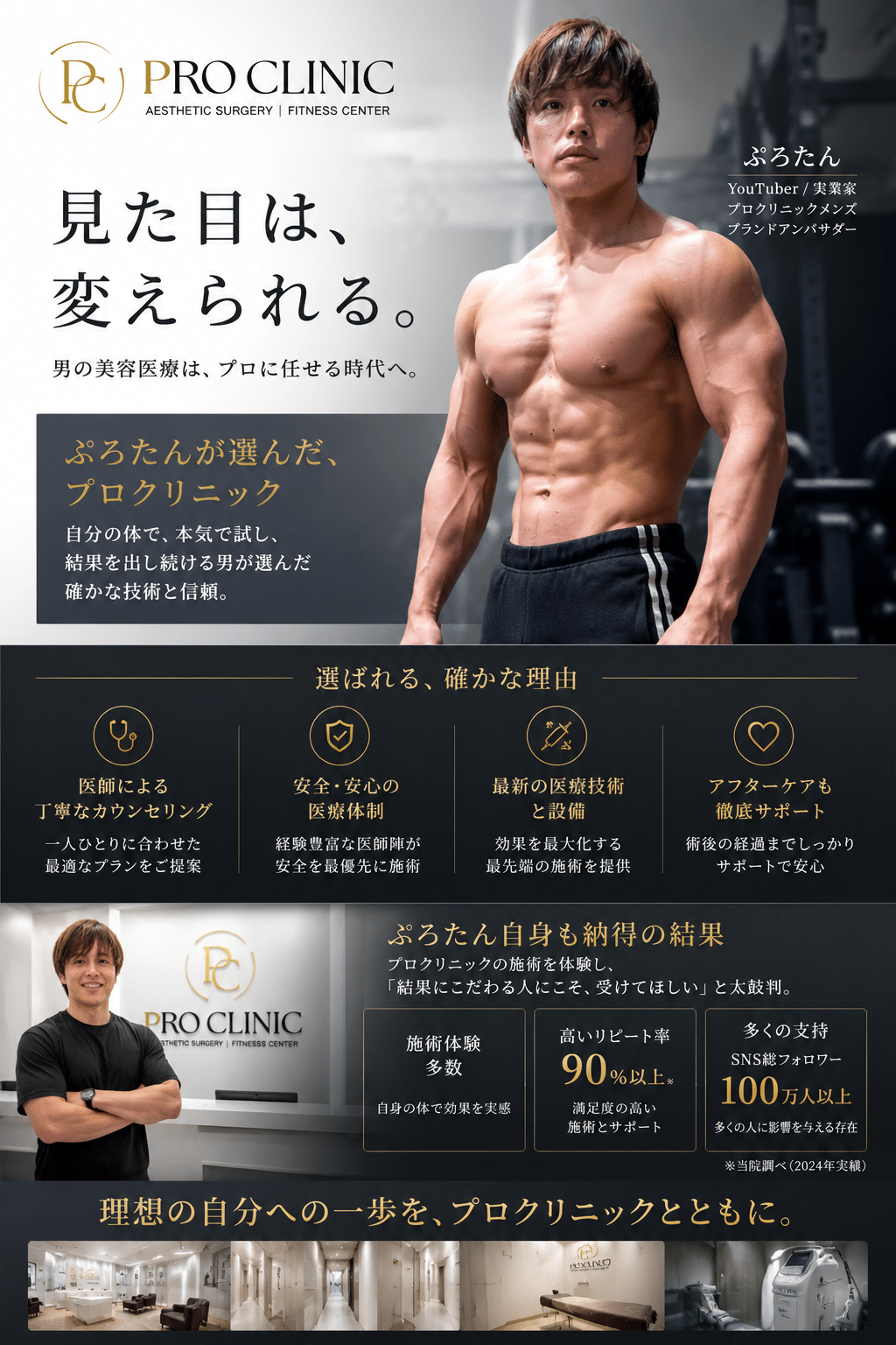 PRO CLINIC MEN'S(プロクリニックメンズ)の公式ビジュアル。ブランドアンバサダーのぷろたん氏が登場し、男性美容医療・美容外科・医療フィットネスの専門性、安全性、医師によるカウンセリング体制を紹介する信頼訴求コンテンツ。