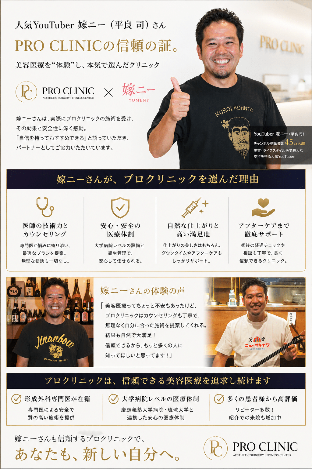 PRO CLINICと人気YouTuber「嫁ニー(平良司)」の信頼関係を紹介するプロモーション画像。嫁ニー本人が親指を立てて笑顔で登場し、「PRO CLINICの信頼の証。」をテーマに、美容医療体験・安心安全の医療体制・アフターケア・自然な仕上がりへのこだわりなど、プロクリニックを選ぶ理由を紹介している。