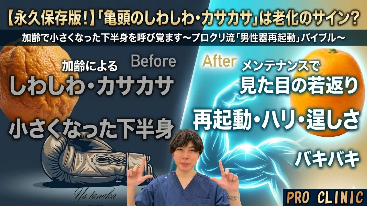亀頭のしわしわ・カサカサの悩みと、増大術・ED治療による若返りの変化を比較したイメージ画像。萎れた果物から瑞々しい果物への変化で、男性器の再起動を表現。