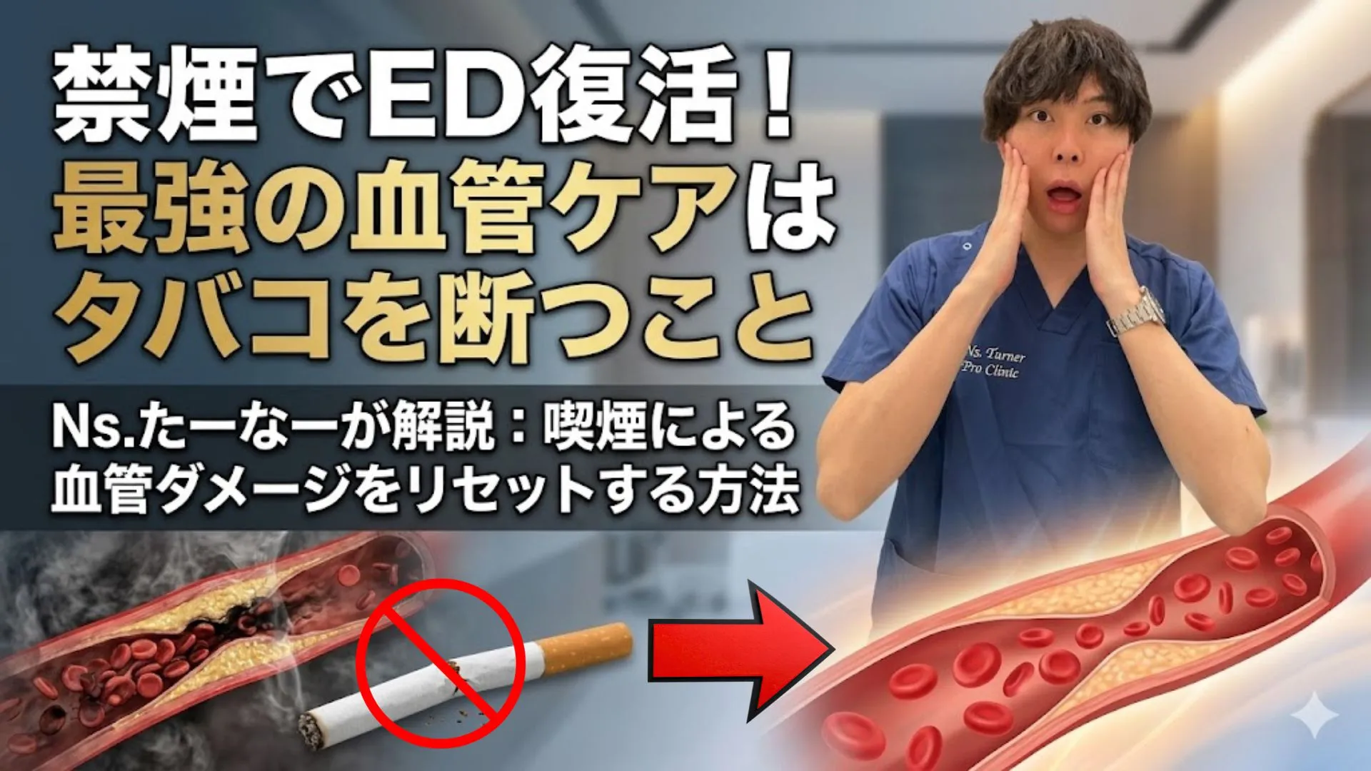 ED治療のための禁煙を訴求する医療コラム画像。禁煙マークと折れたタバコ、驚いた医療従事者を配置し、喫煙は勃起力の敵と解説している。