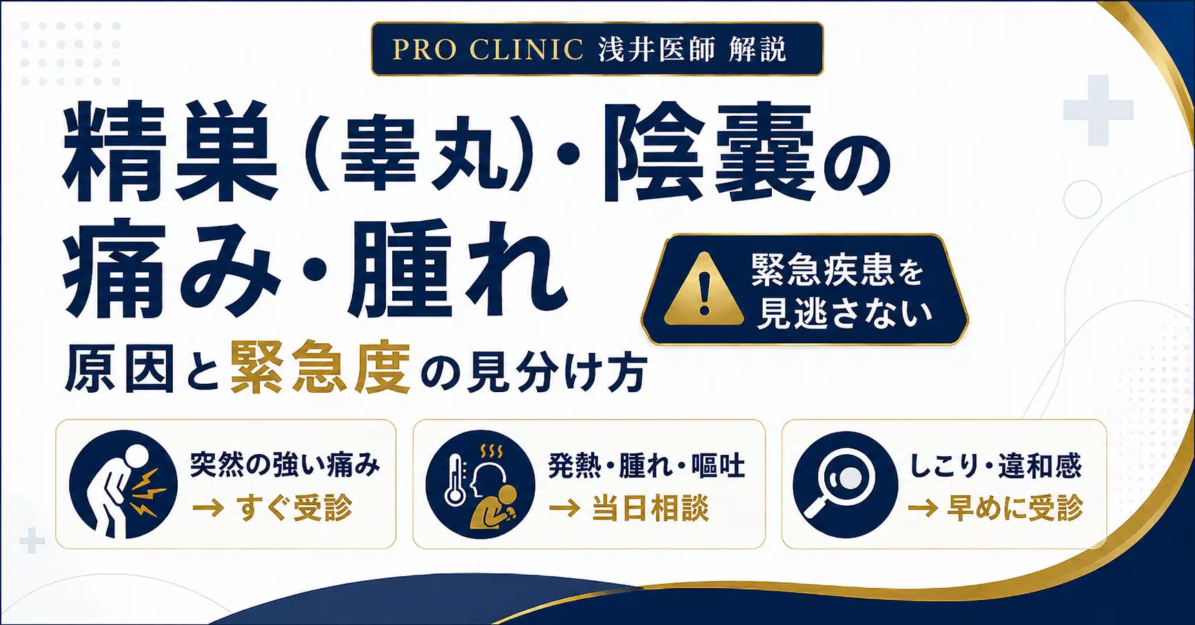 精巣（睾丸）・陰嚢の痛みや腫れの原因と緊急度を解説するPRO CLINICの記事サムネイル