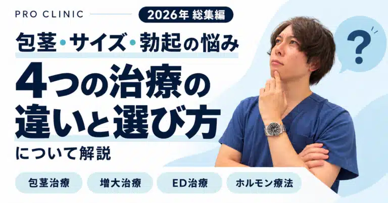 包茎・サイズ・勃起の悩みに対する4つの治療の違いと選び方を紹介する2026年総集編。考えるポーズの男性と疑問符を配置。