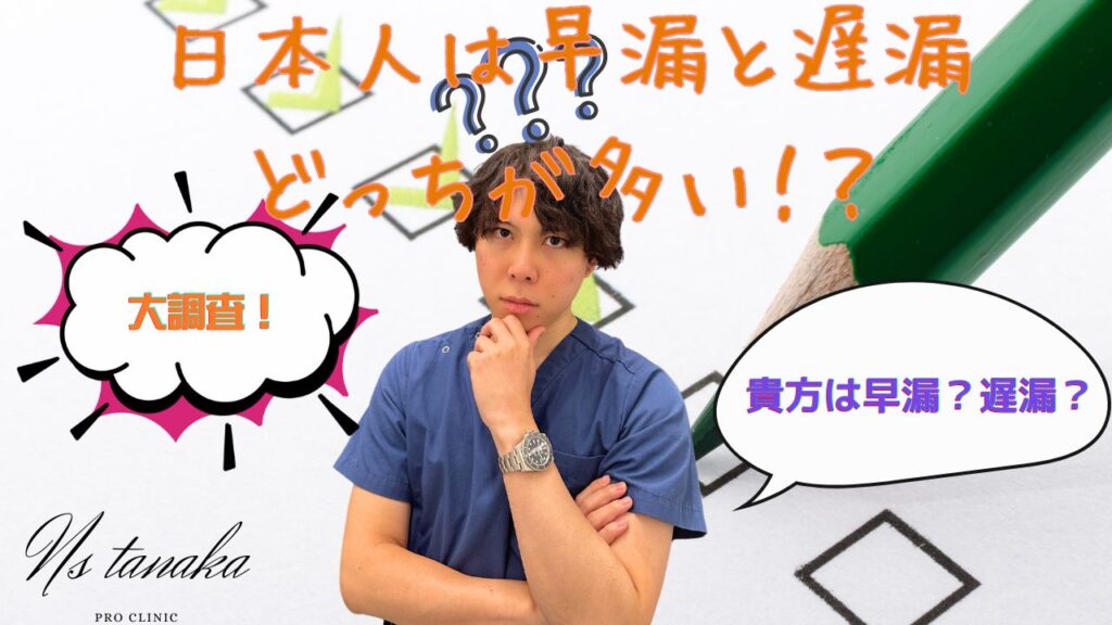 日本人男性3539名を対象とした早漏・遅漏の自覚症状に関するアンケート結果グラフ。早漏67％、遅漏33％の比率。